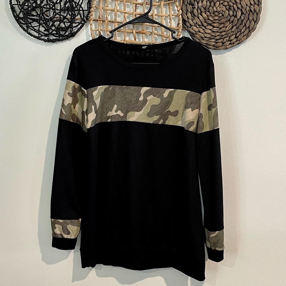 Boutique Long Sleeve Black & Camo Shirt